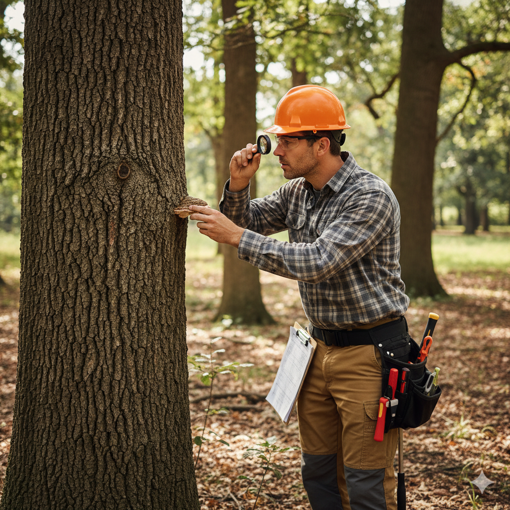 An ISA Certified Arborist carefully inspecting a tree