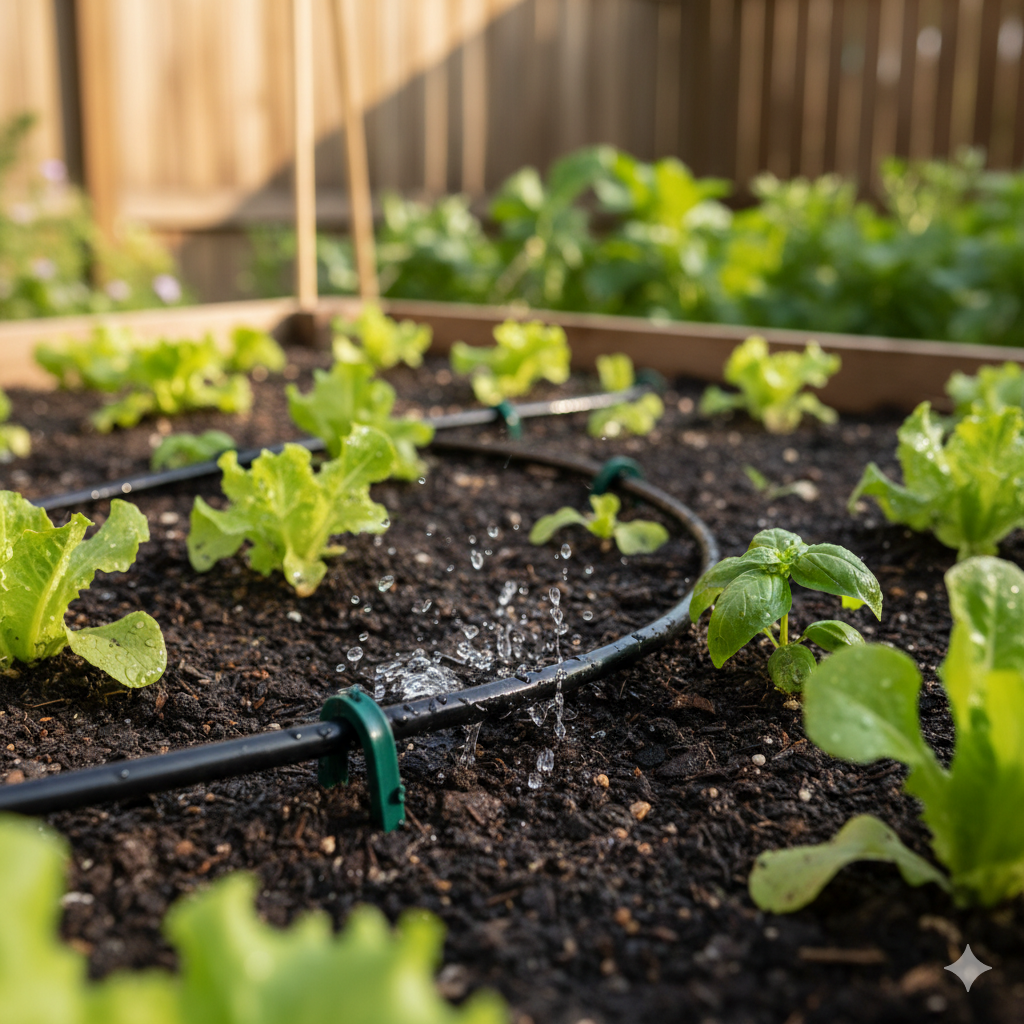 Close-up of a drip irrigation system watering a plant bed.