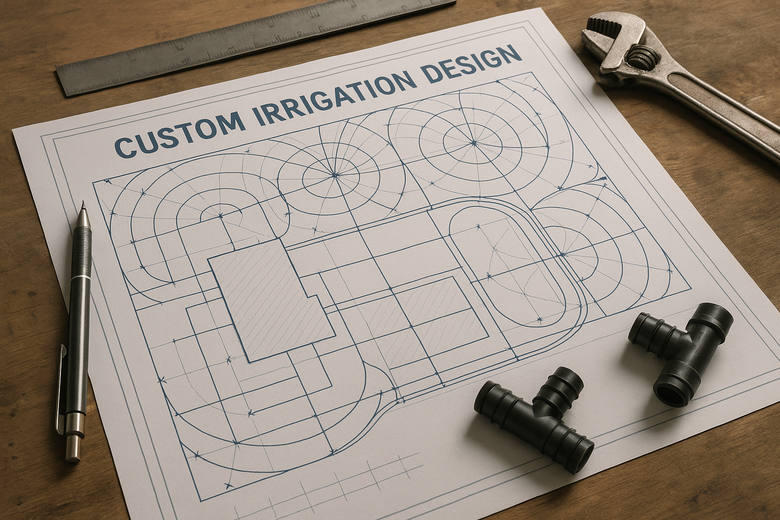 A blueprint showing a custom irrigation design layout.