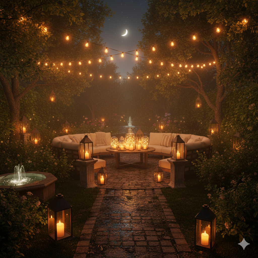 A romantic and ambient outdoor lighting setup.