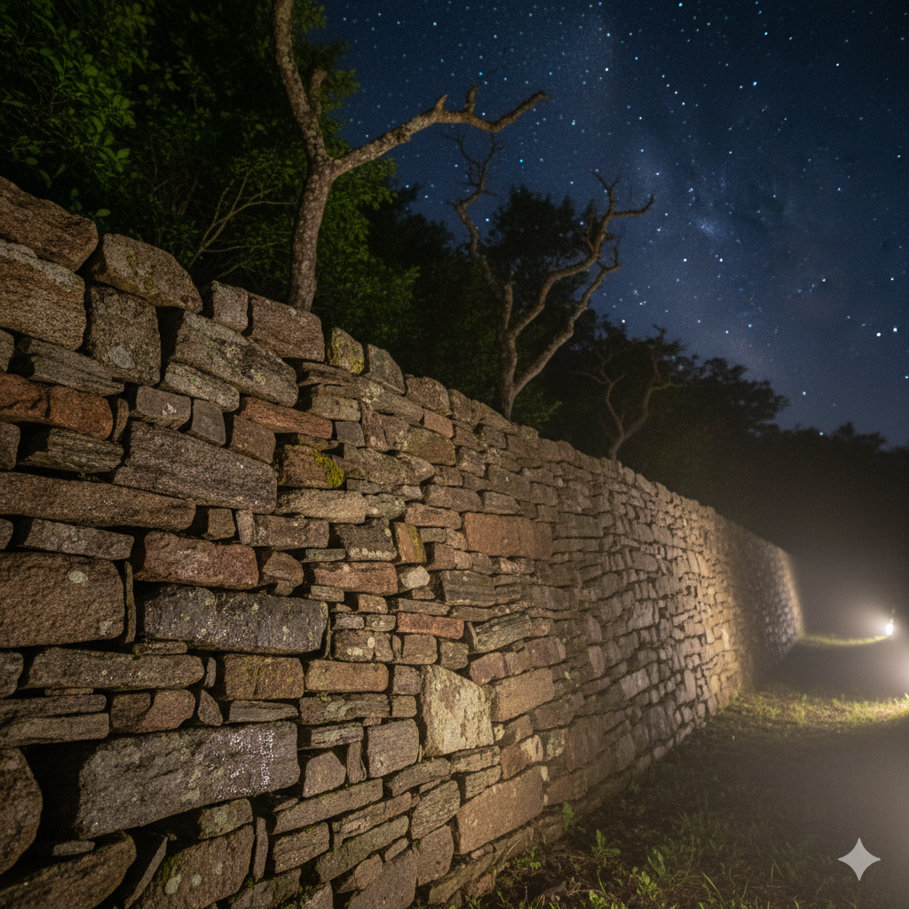 A beautifully lit stone wall at night.