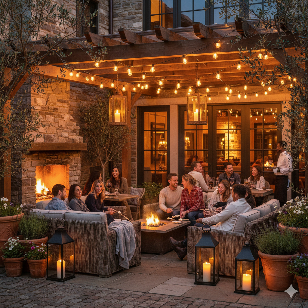 People enjoying a warmly lit patio in the evening.