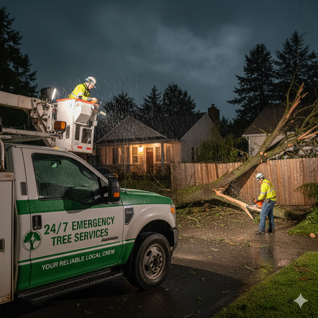 An emergency tree service truck at night.