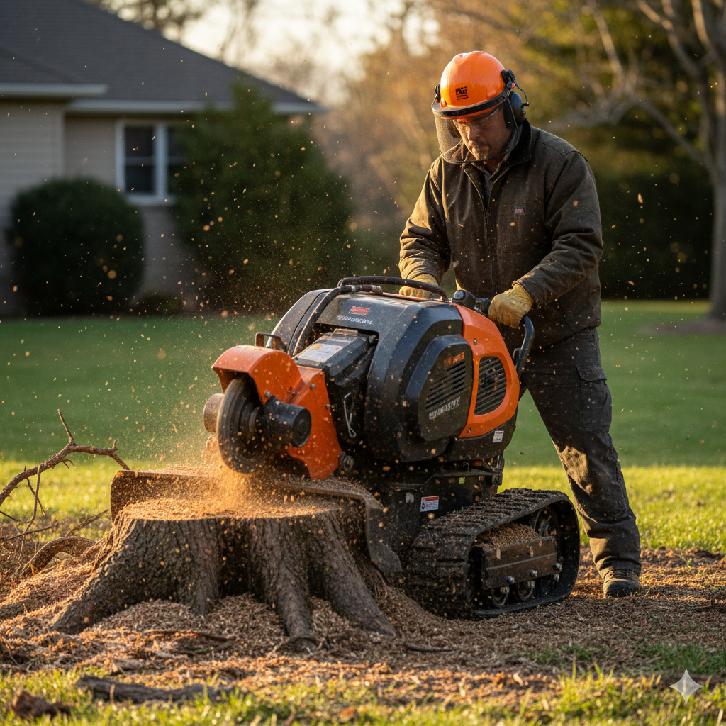 A stump grinder processing a tree stump in a yard.