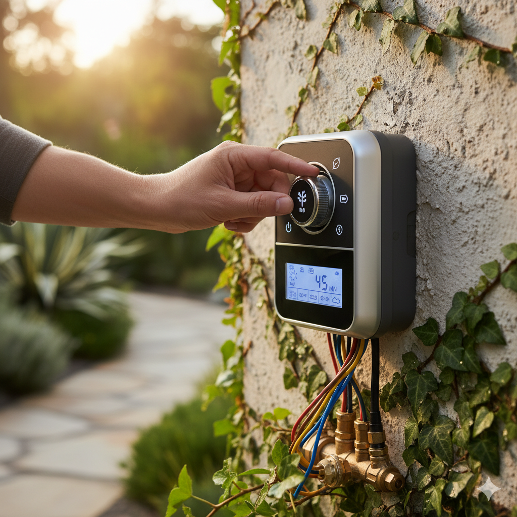 A modern smart irrigation system controller being adjusted.