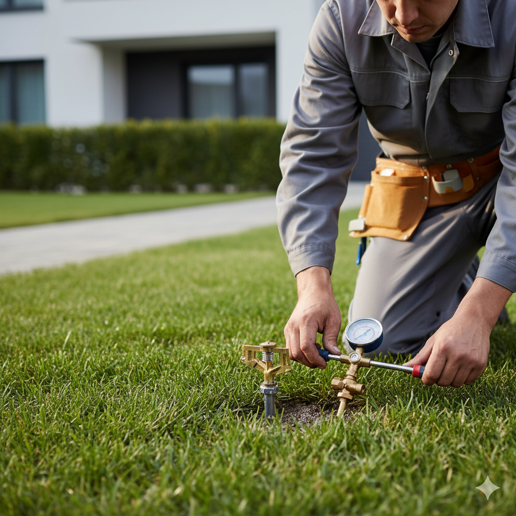 A technician inspecting a sprinkler head during a system audit.
