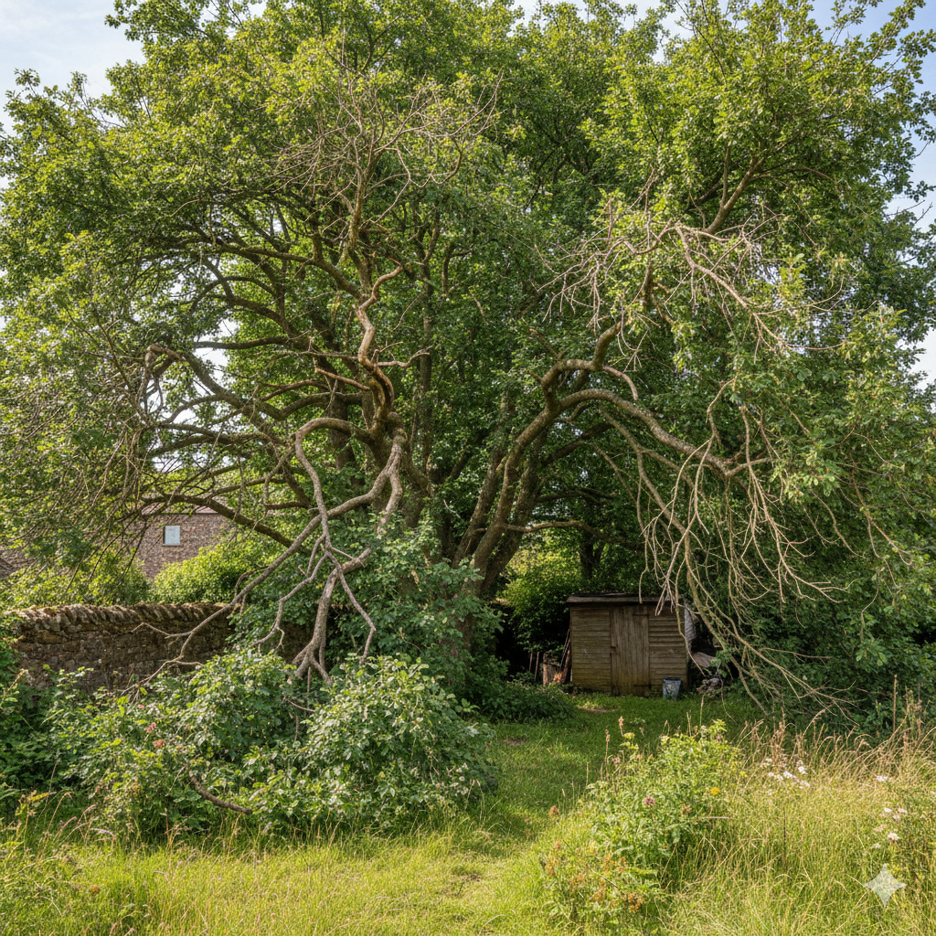A tree with overgrown branches indicating a need for pruning.