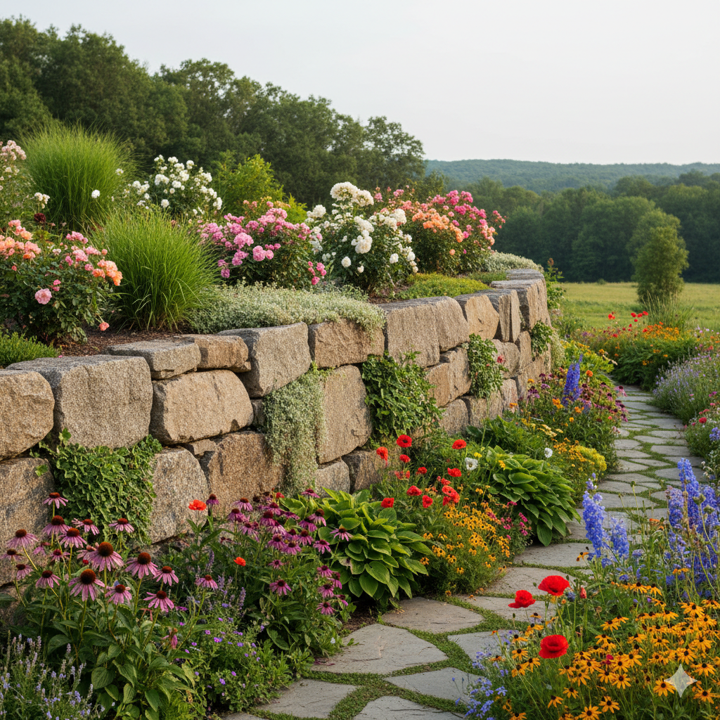 A retaining wall in a garden