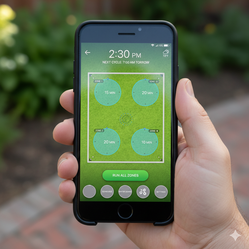 A hand holding a smartphone showing the interface for a smart controller.